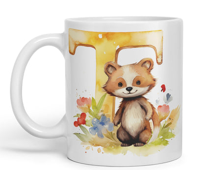 Letter T mug, Animals Alphabet Letter T Monogram animal for kids Ceramic Coloured Mug Cup for Tea Coffee Hot brew 330ml 11Oz Gift
