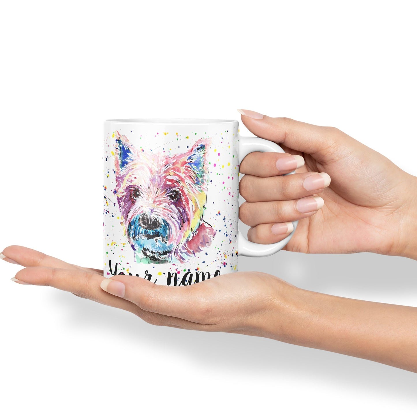 Personalised mug with Your Text name West Highland terrier Scottish animals Watercolour Art Coloured Ceramic Mug Cup Gift 330ml 11oz Custom Work Office Tea Coffee