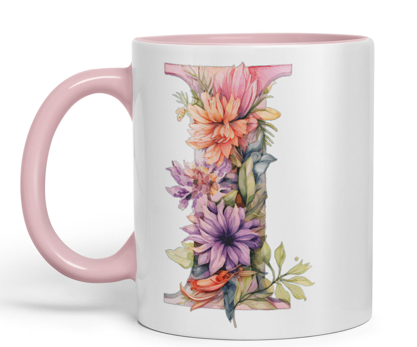 Letter I mug, Floral flowers butterfly Alphabet Letter I Monogram watercolour Ceramic Coloured Mug Cup for Tea Coffee Hot brew 330ml 11Oz Gift