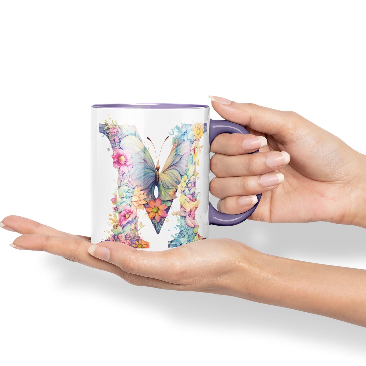 Letter M mug, Floral flowers butterfly Alphabet Letter M Monogram watercolour Ceramic Coloured Mug Cup for Tea Coffee Hot brew 330ml 11Oz Gift