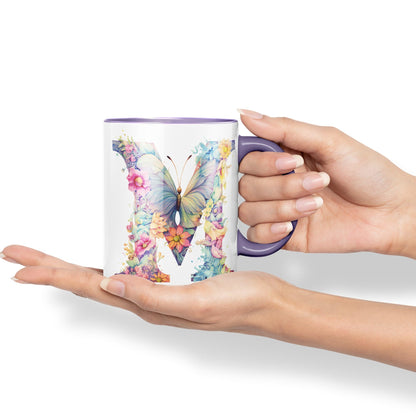 Letter M mug, Floral flowers butterfly Alphabet Letter M Monogram watercolour Ceramic Coloured Mug Cup for Tea Coffee Hot brew 330ml 11Oz Gift