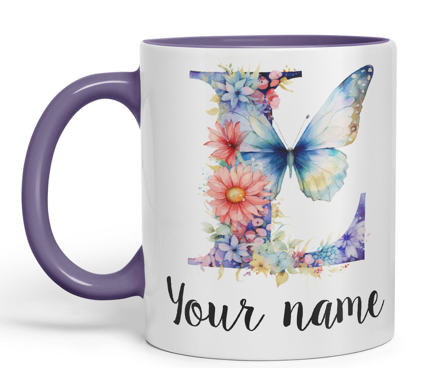 Personalised Letter L mug, Customized Custom Floral flowers butterfly Alphabet Letter L Monogram watercolour Ceramic Coloured Mug Cup for Tea Coffee Hot brew 330ml 11Oz Gift