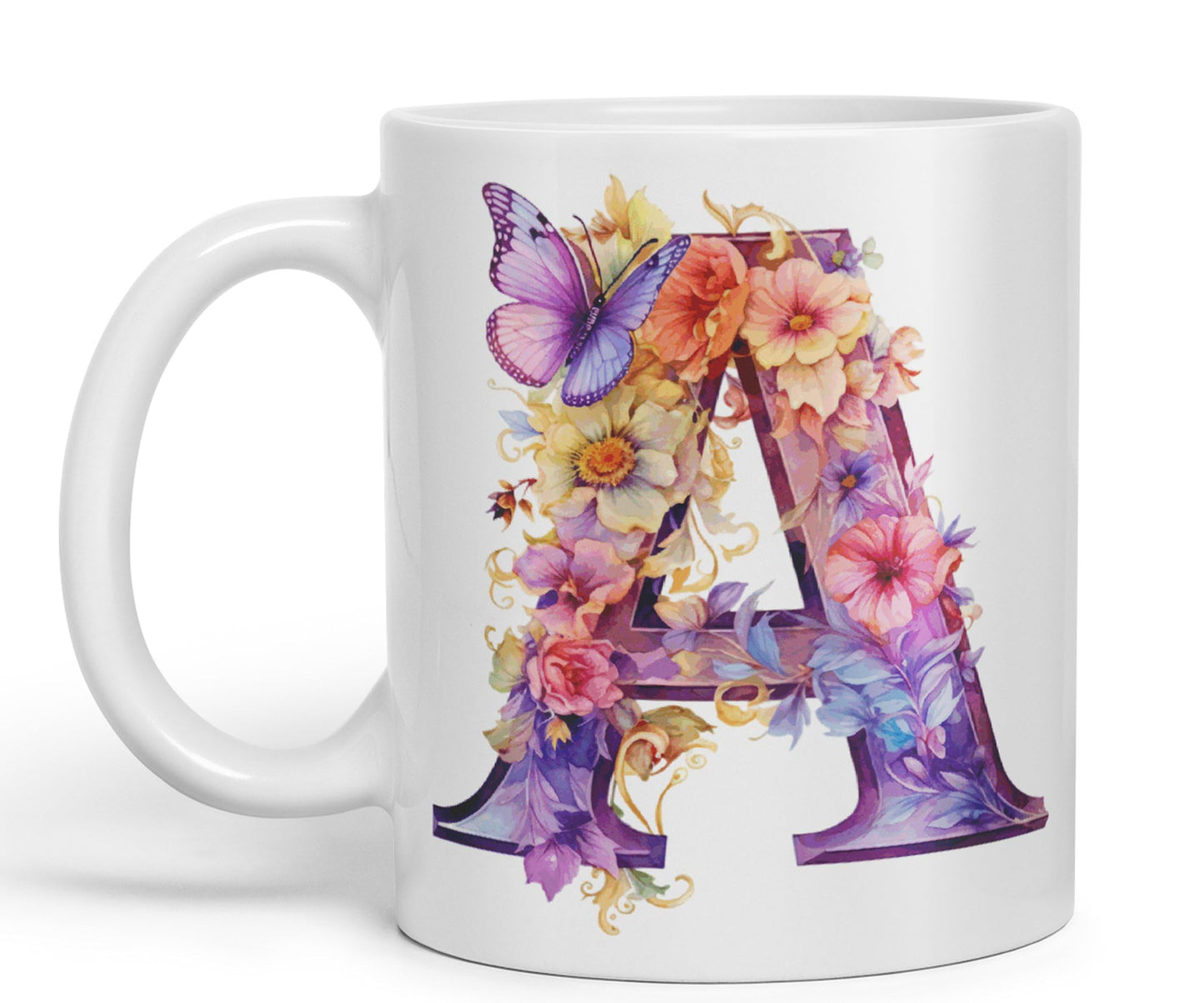 Letter A mug, Floral flowers butterfly Alphabet Letter A Monogram watercolour Ceramic Coloured Mug Cup for Tea Coffee Hot brew 330ml 11Oz Gift