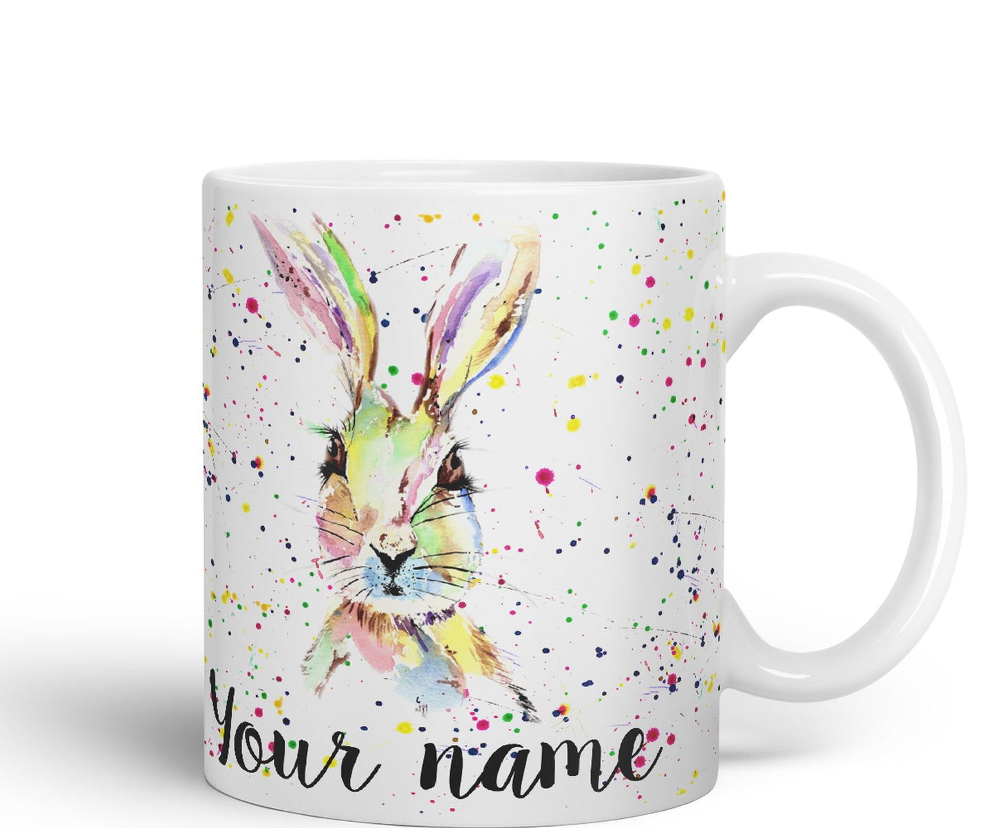 Vixar Personalised with Your Text Hare Bunny Rabbit Watercolour Art Coloured Ceramic Mug Cup Gift 330ml 11oz Custom Work Office Tea Coffee