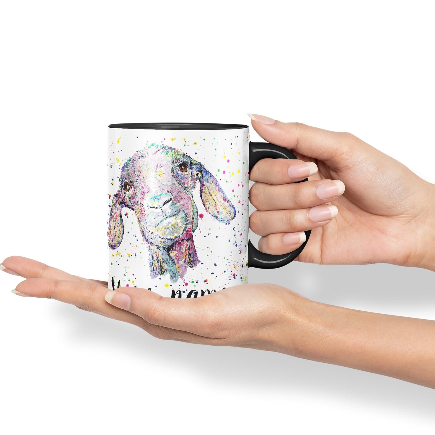 Vixar Personalised with Your Text Goat Farm Animals Watercolour Art Coloured Ceramic Mug Cup Gift 330ml 11oz Custom Work Office Tea Coffee