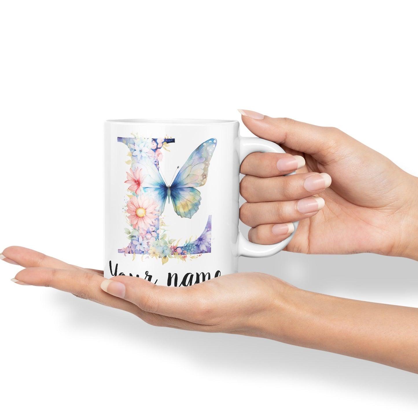 Personalised Letter L mug, Customized Custom Floral flowers butterfly Alphabet Letter L Monogram watercolour Ceramic Coloured Mug Cup for Tea Coffee Hot brew 330ml 11Oz Gift