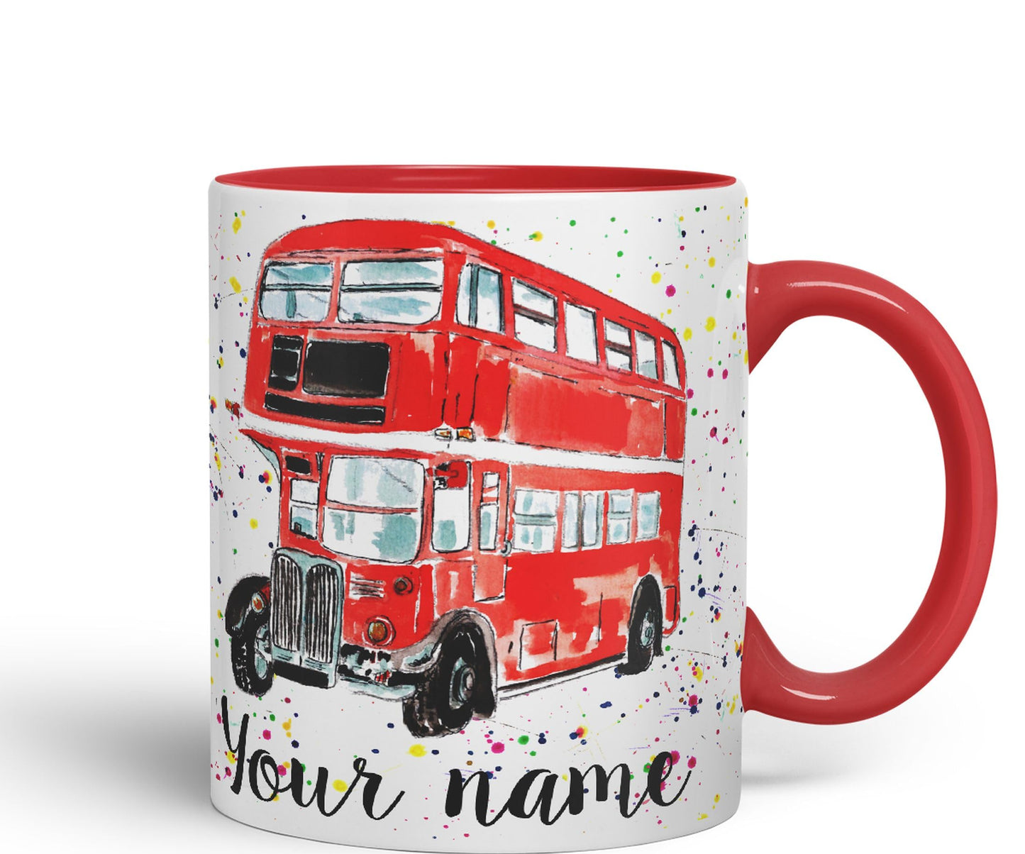 Vixar Personalised with Your Text Red Bus Classic London Busses Watercolour Art Coloured Ceramic Mug Cup Gift 330ml 11oz Custom Work Office Tea Coffe