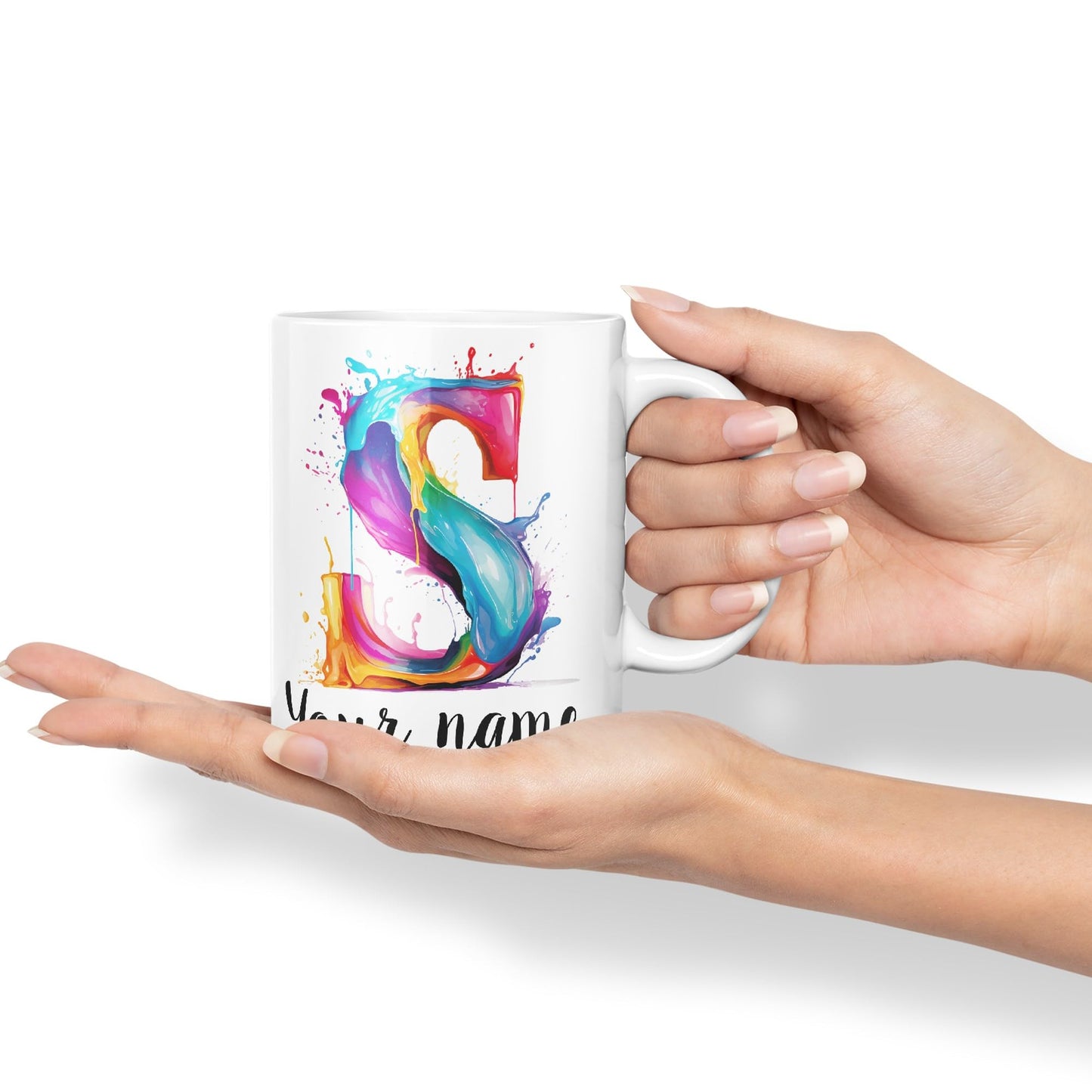 Personalised Letter S mug, Alphabet cusomized custom Letter S Monogram watercolour Ceramic Coloured Mug Cup for Tea Coffee Hot brew 330ml 11Oz Gift