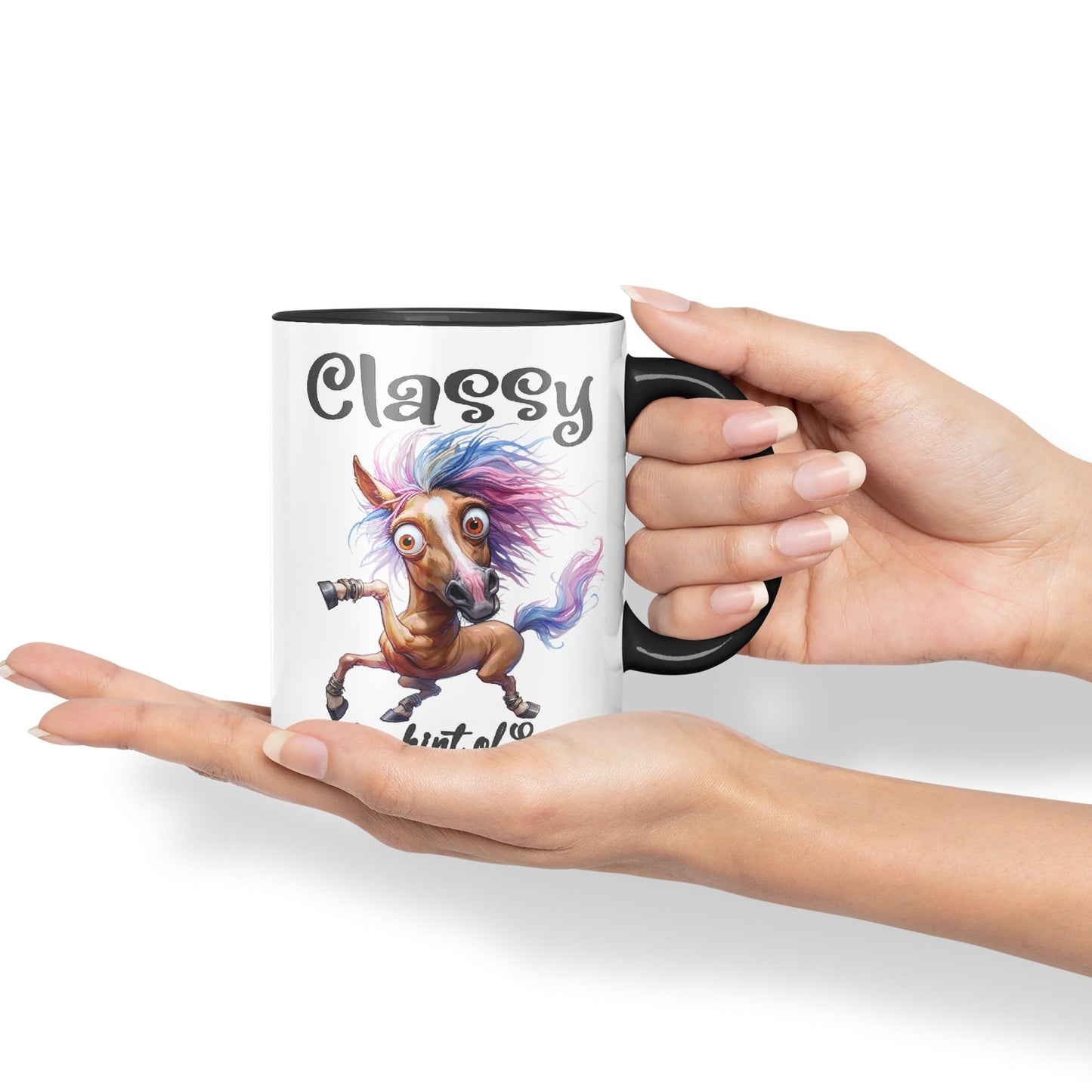 Classy with a hint of Sassy! Horse cat Joke sarkasm Sarcastic Ceramic Coloured Mug Cup for Tea Coffee Hot Brew 330ml 11Oz Gift