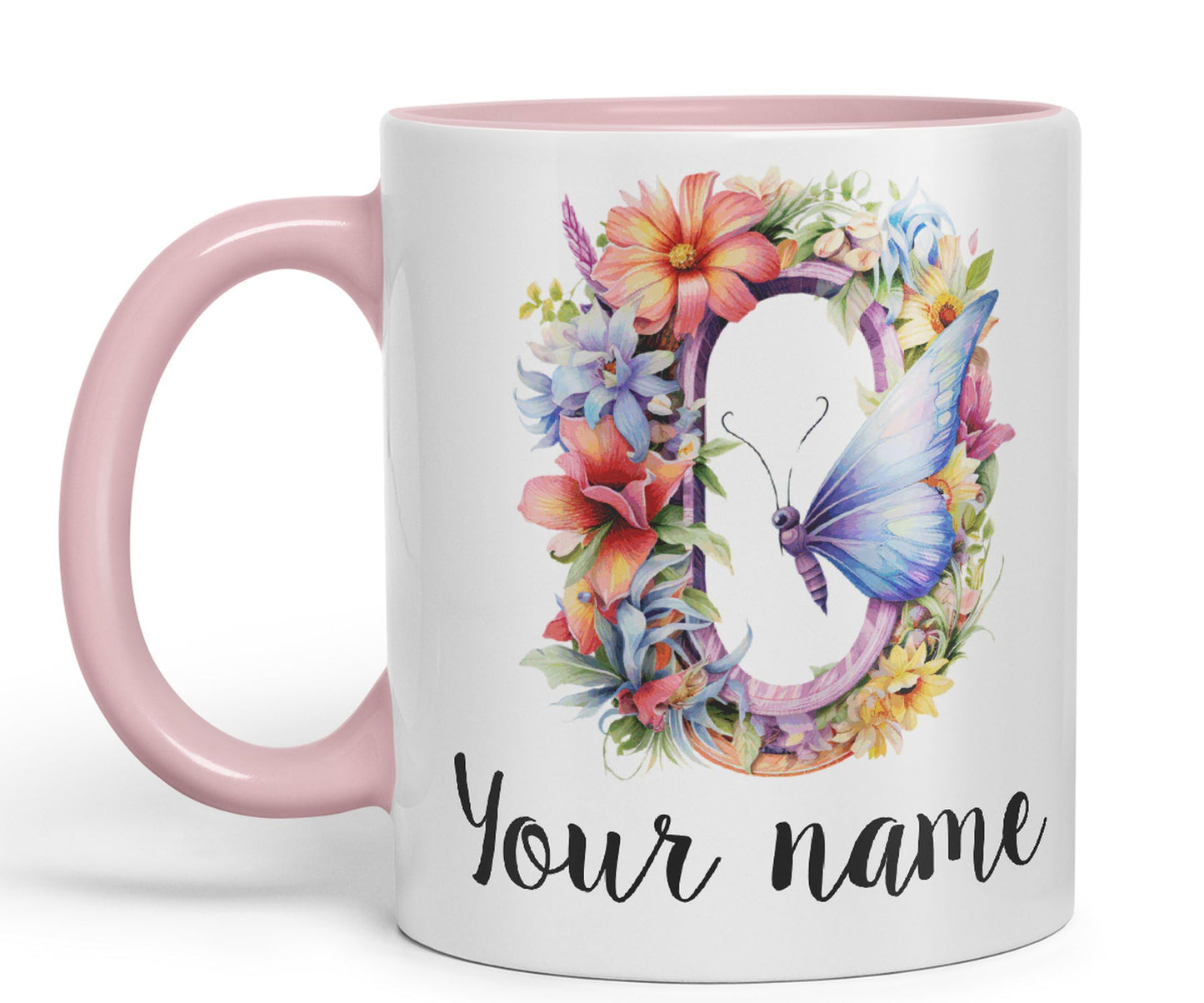 Personalised Letter O mug, Customized Custom Floral flowers butterfly Alphabet Letter O Monogram watercolour Ceramic Coloured Mug Cup for Tea Coffee Hot brew 330ml 11Oz Gift