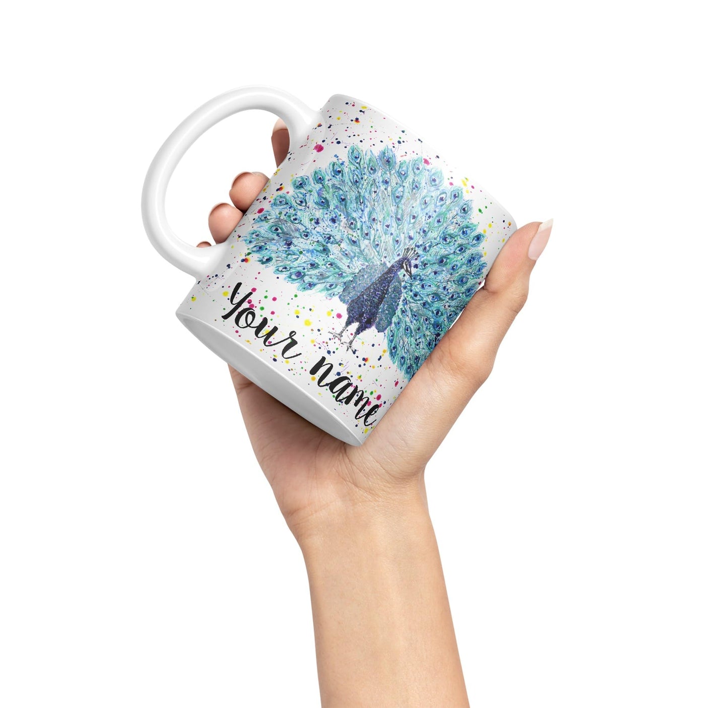 Vixar Personalised with Your Text Peacock Peafowl Bird Watercolour Art Coloured Ceramic Mug Cup Gift 330ml 11oz Custom Work Office Tea Coffee (O2)