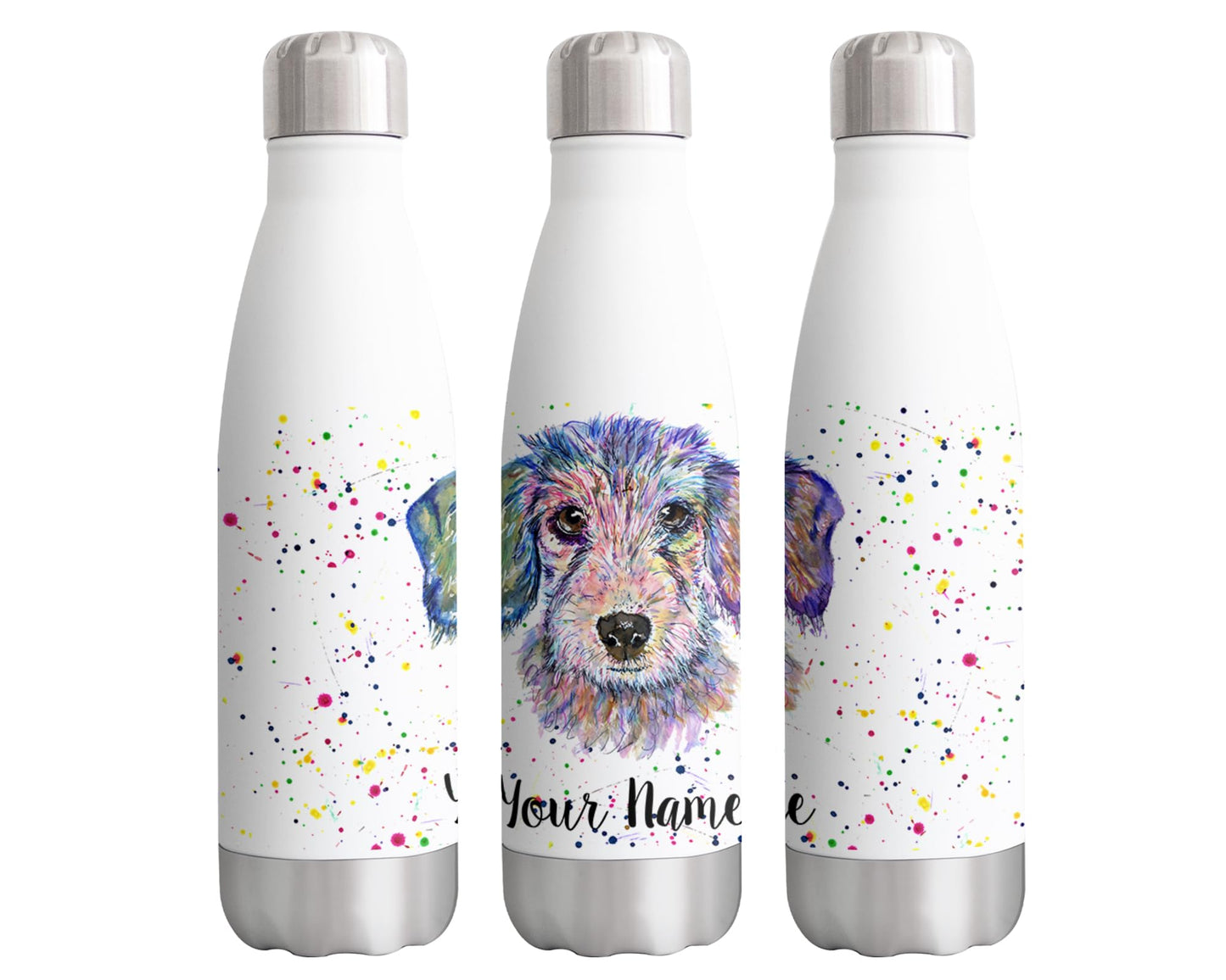 Dachshund Wire Hair Personalised Custom Bottle with Your Text/Name Sausage Dog Wiener pet Watercolour Animals Bottle Double Wall Insulated Stainless Steel Sport Drinks 500ml