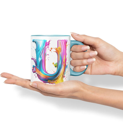Letter U mug, Alphabet Letter U Monogram watercolour Ceramic Coloured Mug Cup for Tea Coffee Hot brew 330ml 11Oz Gift