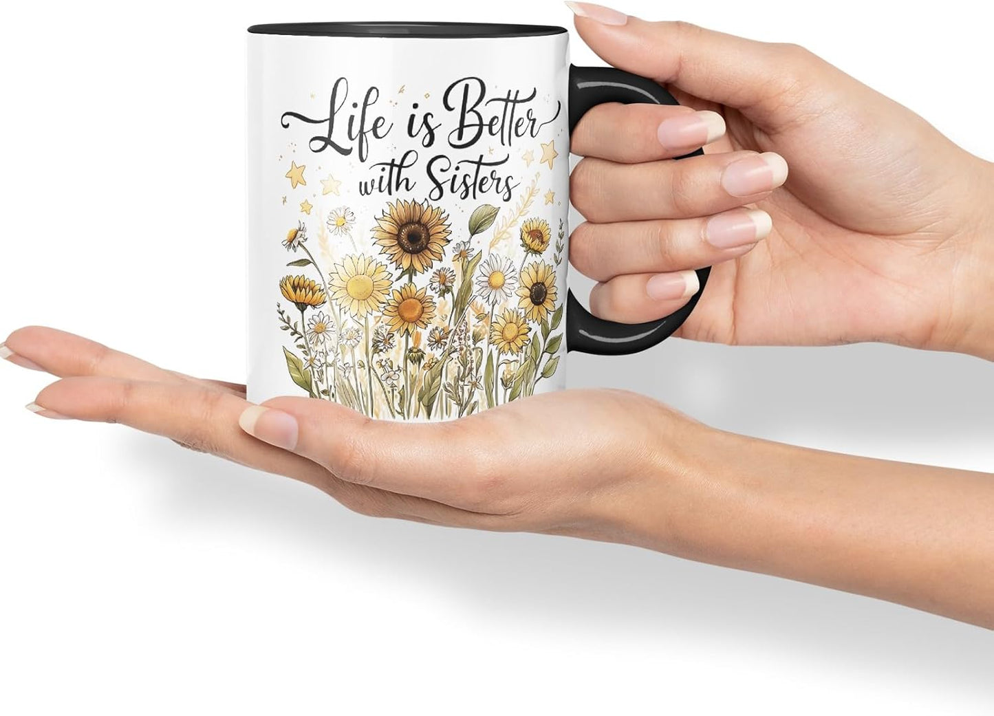 Vixar Life is Better with Sisters Coloured Mug Cup Floral Sister Gift 11oz (Black)
