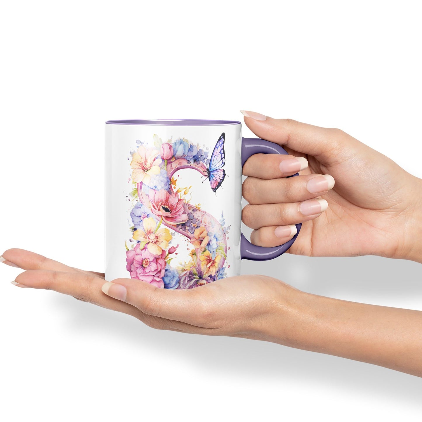 Letter S mug, Floral flowers butterfly Alphabet Letter S Monogram watercolour Ceramic Coloured Mug Cup for Tea Coffee Hot brew 330ml 11Oz Gift
