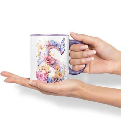 Letter S mug, Floral flowers butterfly Alphabet Letter S Monogram watercolour Ceramic Coloured Mug Cup for Tea Coffee Hot brew 330ml 11Oz Gift