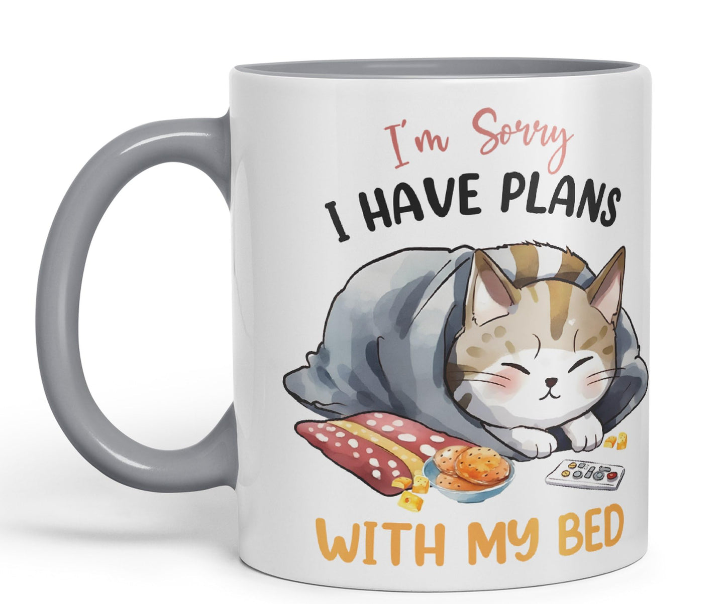 I'm Sorry, I Have Plans with My Bed, cat Sarcastic Joke Ceramic Coloured Mug Cup for Tea Coffee Hot Brew 330ml 11Oz