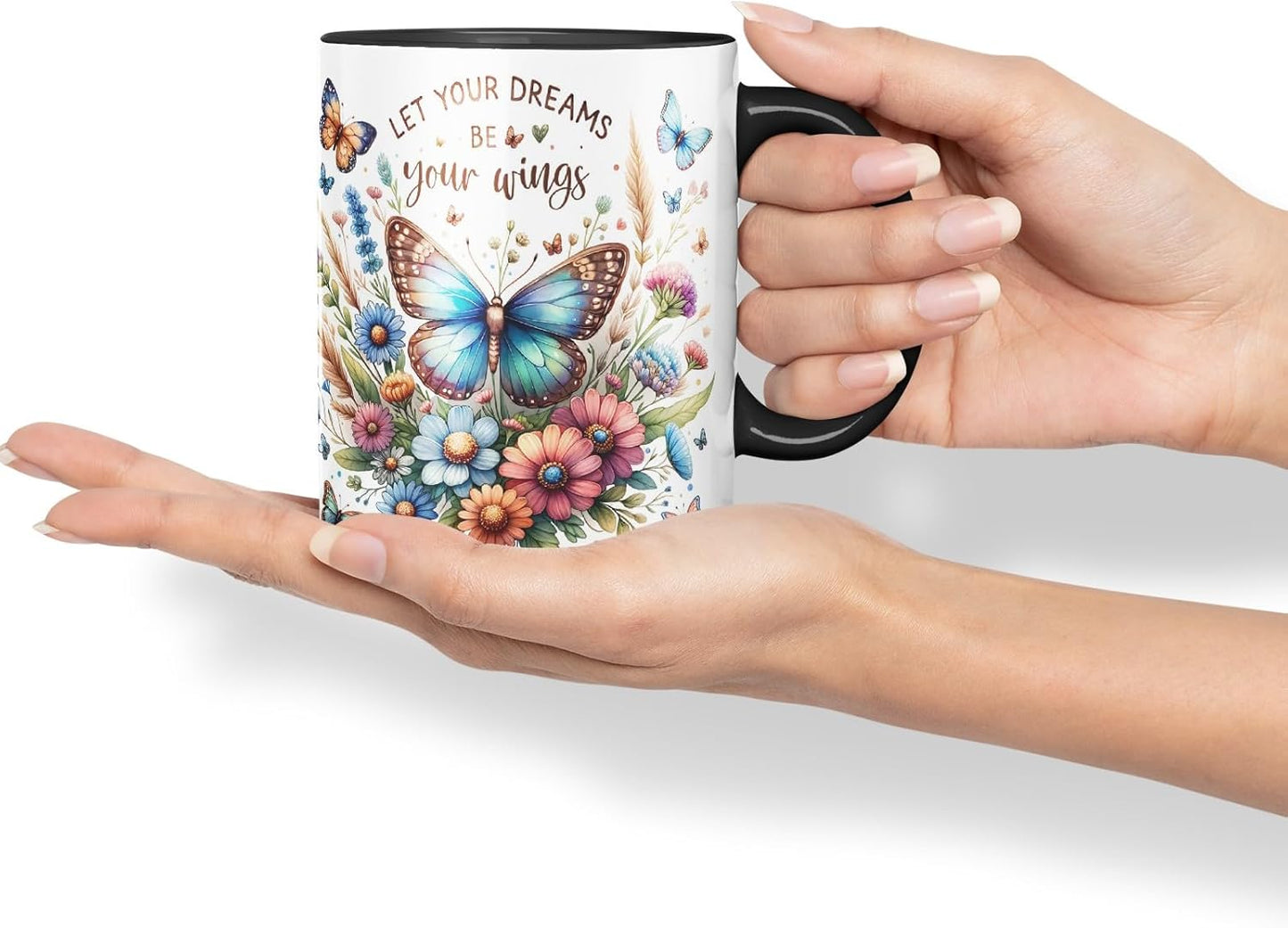 Vixar Let Your Dreams Be Your Wings Butterfly Coloured Mug Cup Floral Inspirational Gift 11oz (Black)