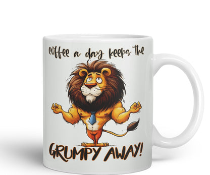 Coffee a Day Keeps The Grumy Away! Lion Joke sarkasm Sarcastic Ceramic Coloured Mug Cup for Tea Coffee Hot Brew 330ml 11Oz Gift
