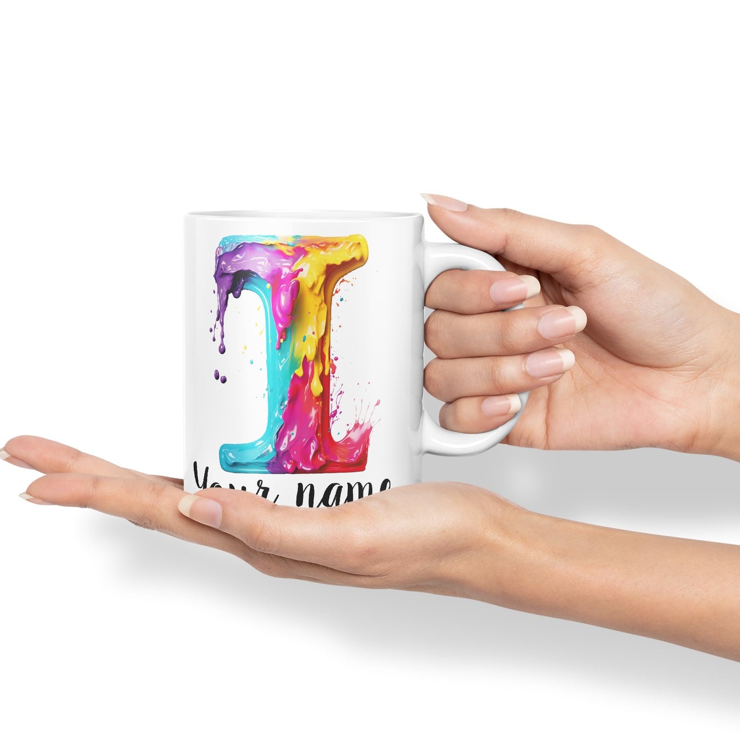 Personalised Letter I mug, Alphabet cusomized custom Letter I Monogram watercolour Ceramic Coloured Mug Cup for Tea Coffee Hot brew 330ml 11Oz Gift