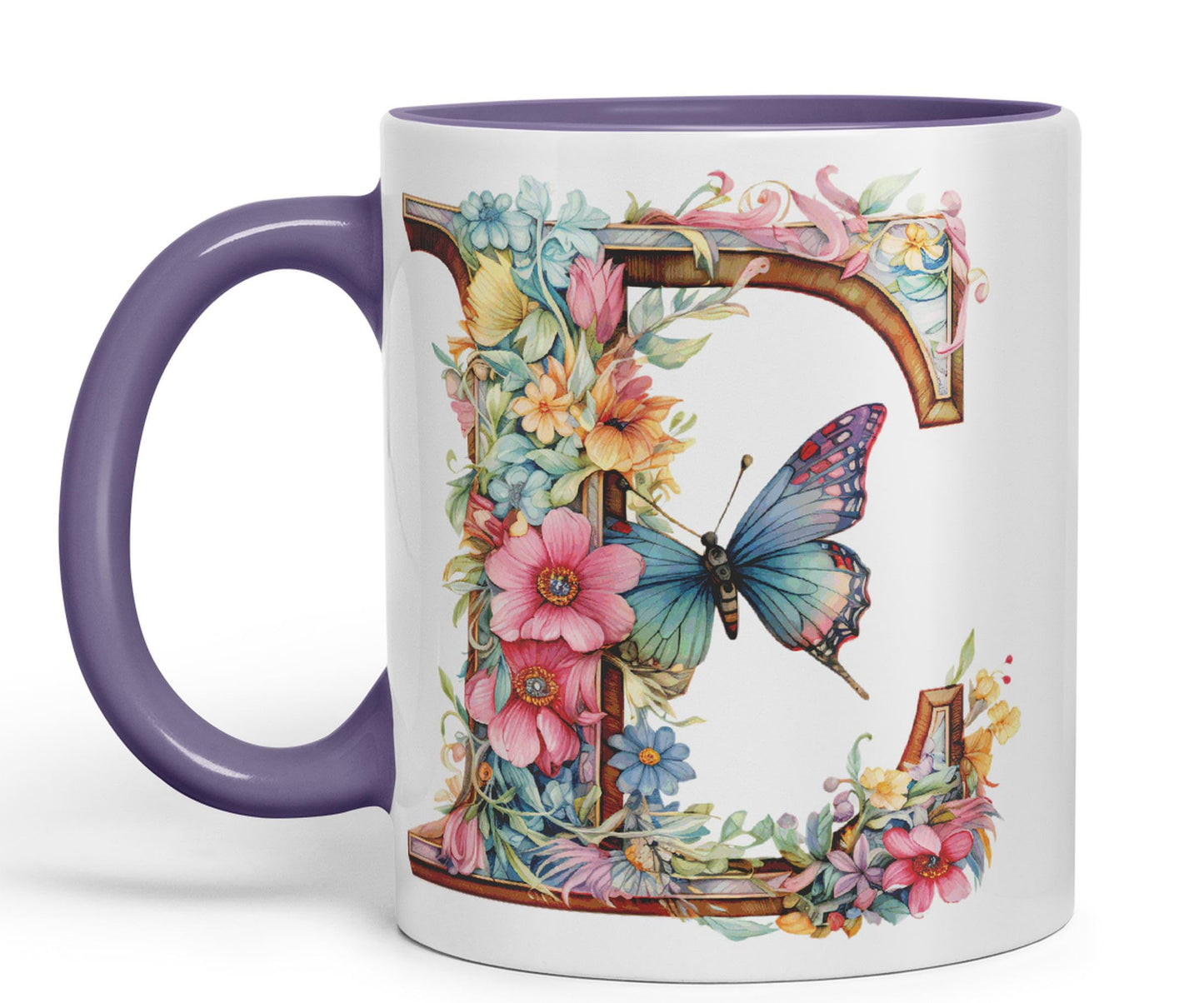 Letter E mug, Floral flowers butterfly Alphabet Letter E Monogram watercolour Ceramic Coloured Mug Cup for Tea Coffee Hot brew 330ml 11Oz Gift