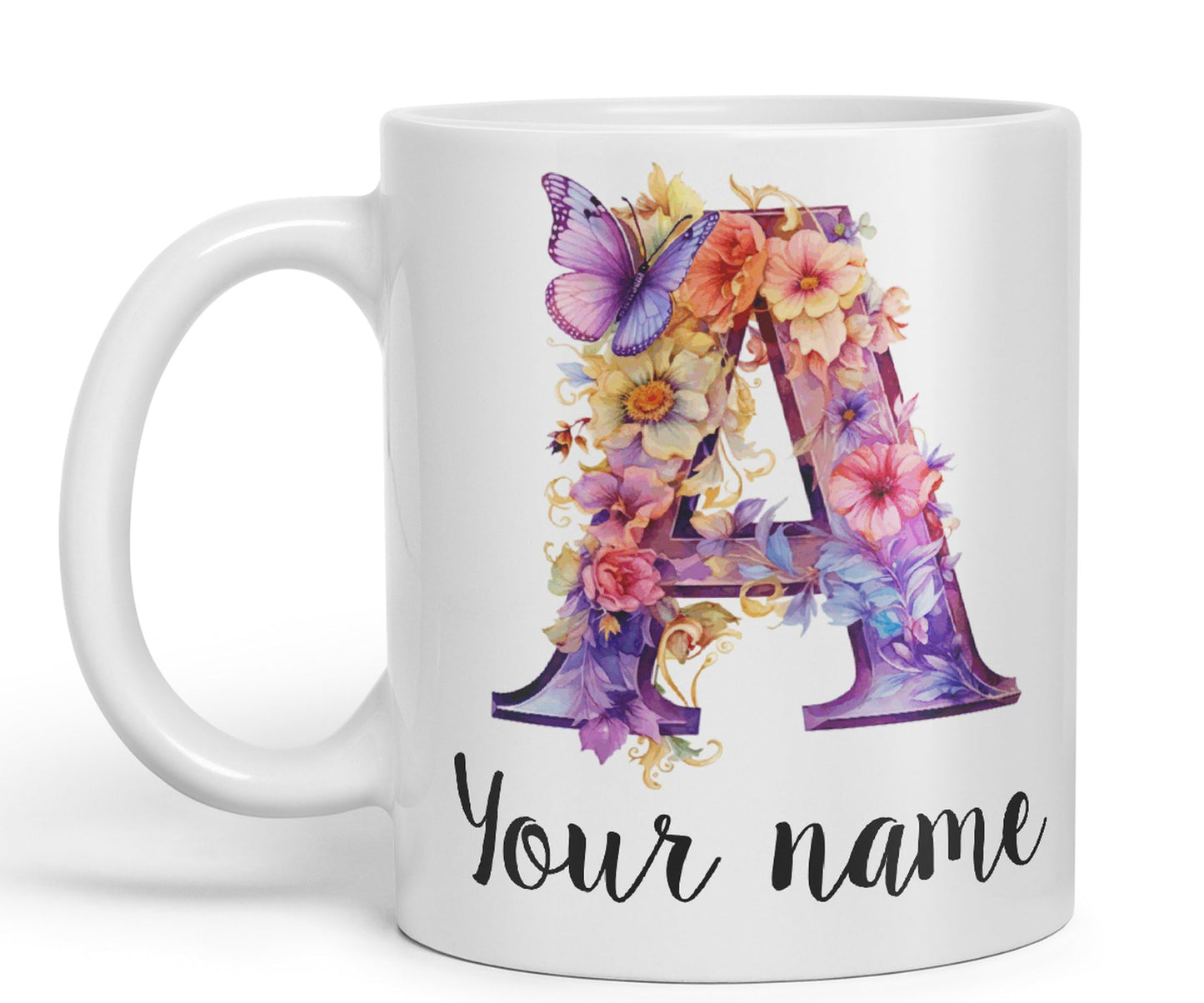 Personalised Letter A mug, Customized Custom Floral flowers butterfly Alphabet Letter A Monogram watercolour Ceramic Coloured Mug Cup for Tea Coffee Hot brew 330ml 11Oz Gift