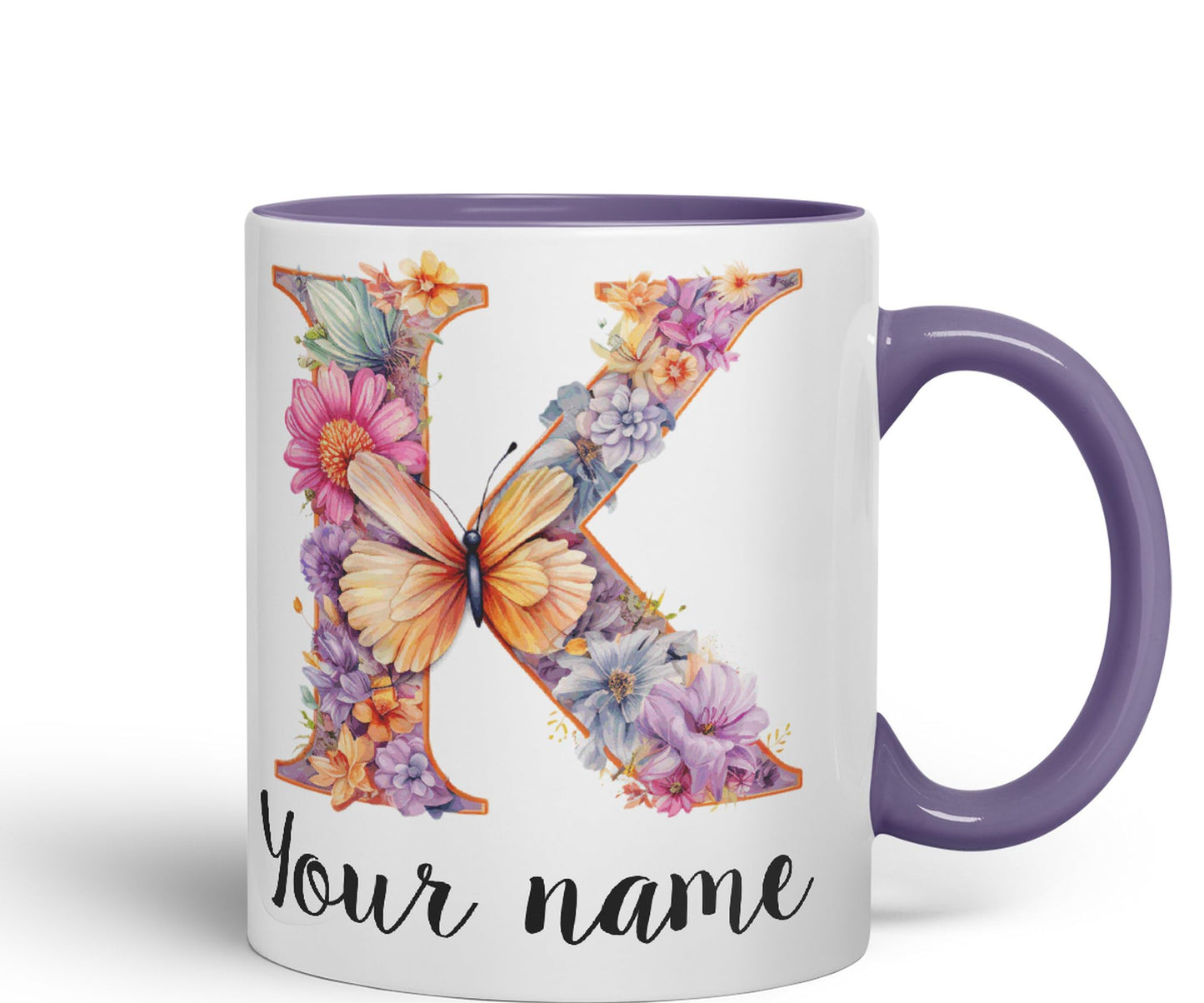 Personalised Letter K mug, Customized Custom Floral flowers butterfly Alphabet Letter K Monogram watercolour Ceramic Coloured Mug Cup for Tea Coffee Hot brew 330ml 11Oz Gift