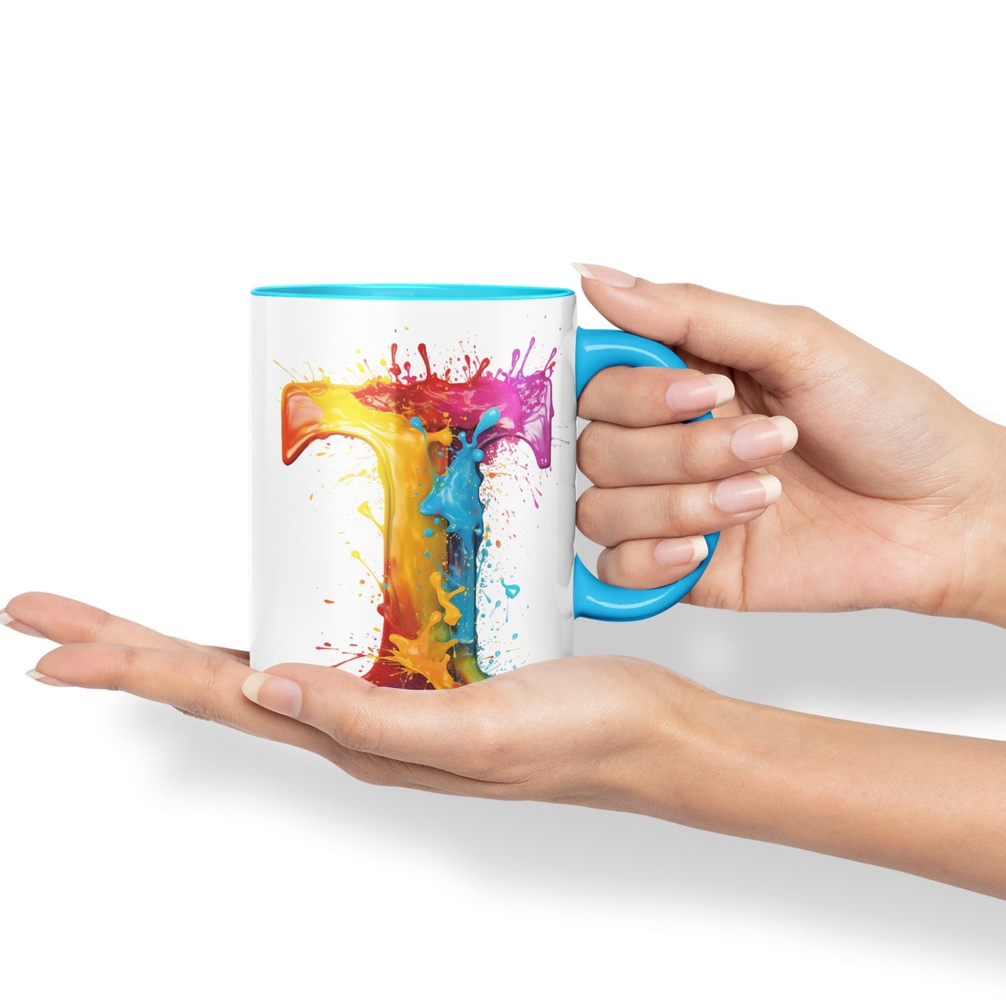 Letter T mug, Alphabet Letter T Monogram watercolour Ceramic Coloured Mug Cup for Tea Coffee Hot brew 330ml 11Oz Gift