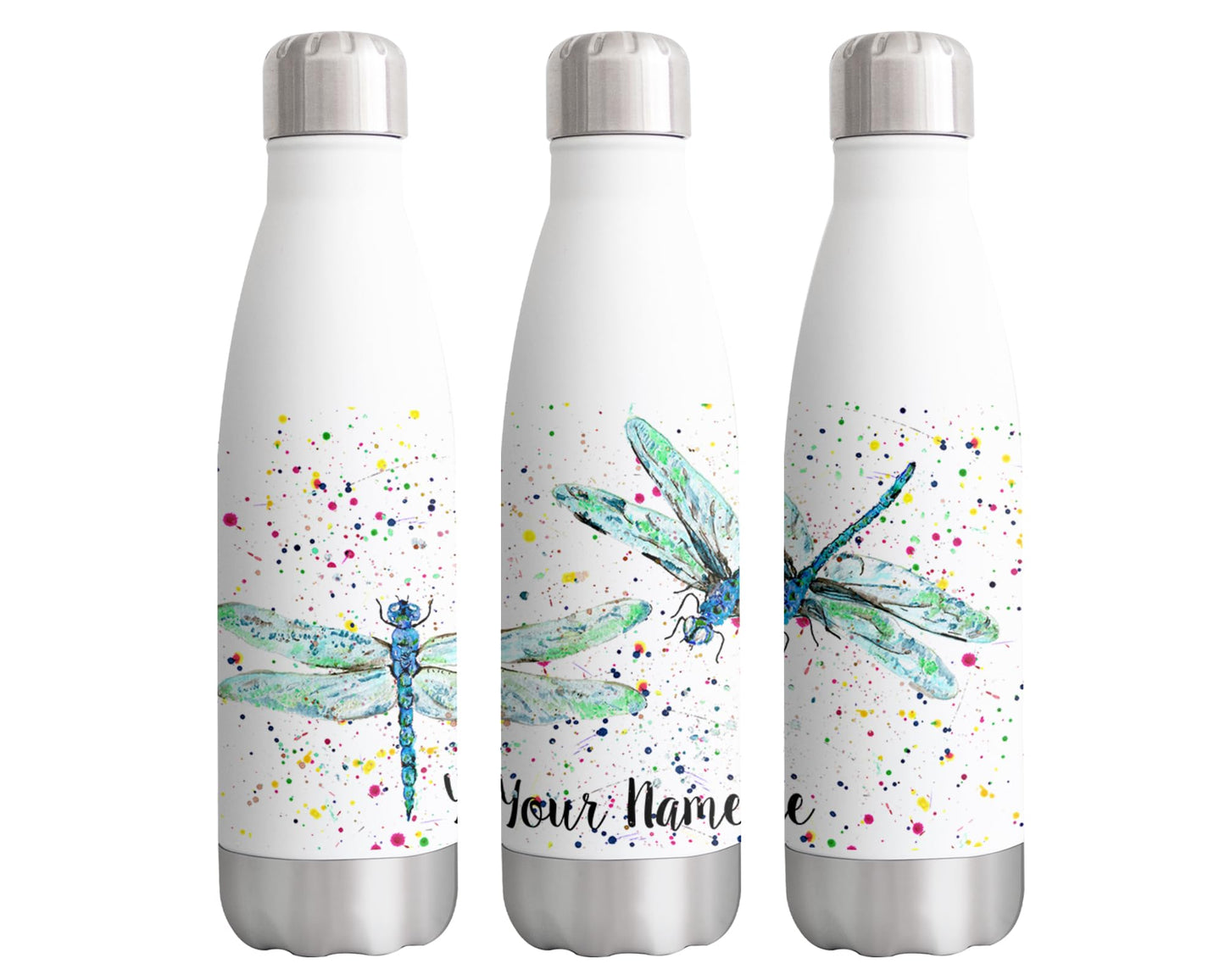 Vixar Dragonflies Blue Personalised Custom Bottle with your Text/name Dragonfly Insect Animals Watercolour Bottle Double Wall Insulated Stainless Steel Sport Drinks 500ml