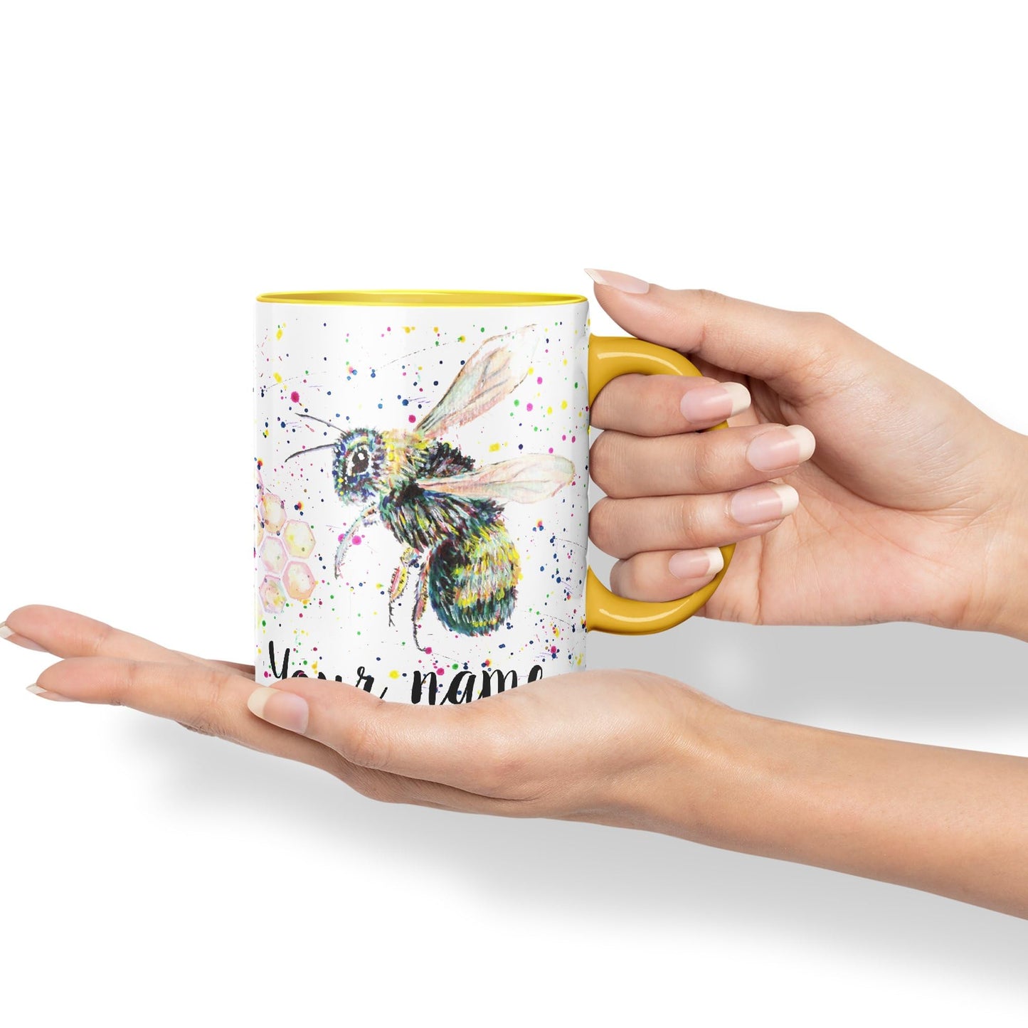 Personalised mug with Your Text name Bees bee Honeycomb animals Watercolour Art Coloured Ceramic Mug Cup Gift 330ml 11oz Custom Work Office Tea Coffee