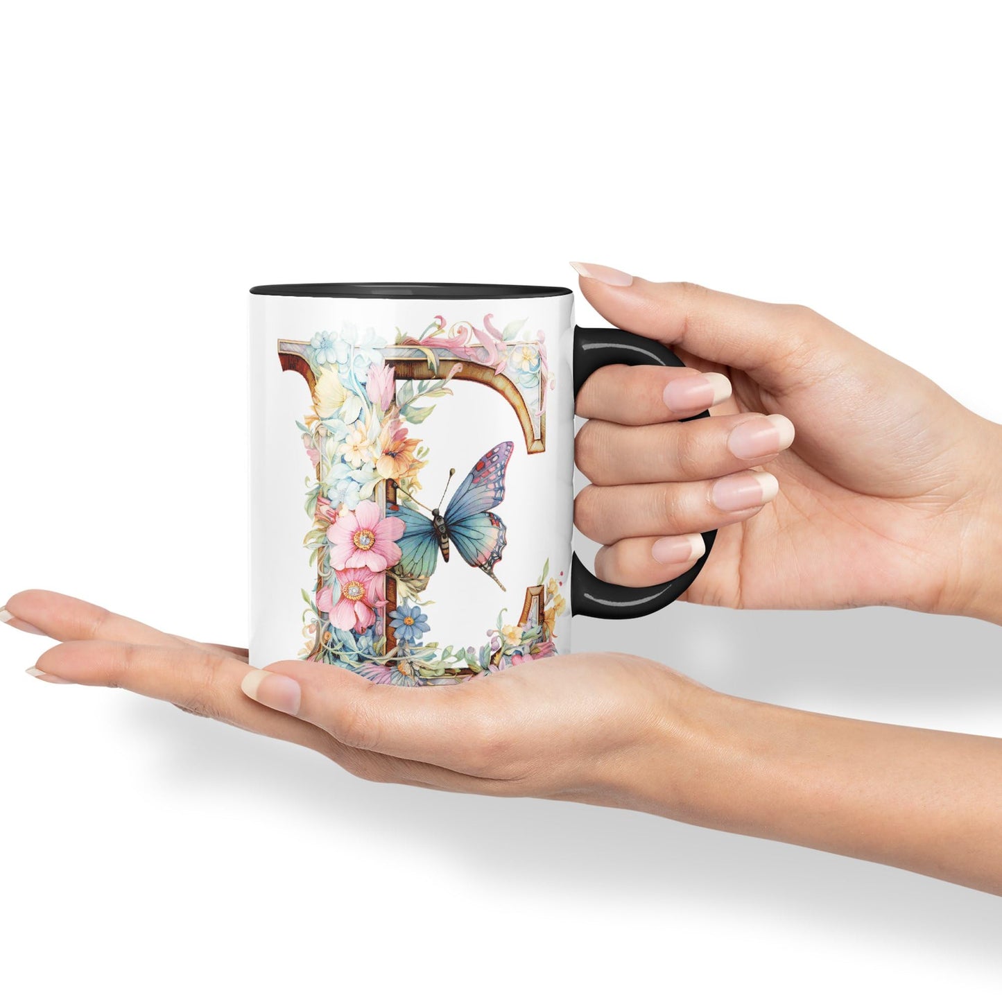 Letter E mug, Floral flowers butterfly Alphabet Letter E Monogram watercolour Ceramic Coloured Mug Cup for Tea Coffee Hot brew 330ml 11Oz Gift