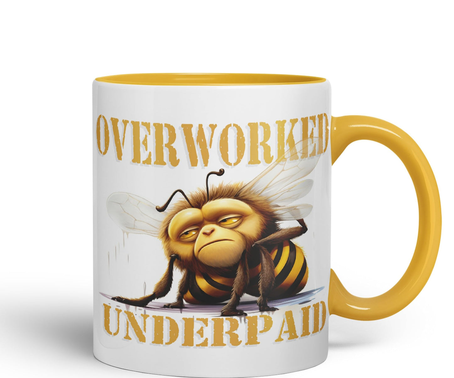 Overworked Underpaid bee Work Joke sarkasm Sarcastic Ceramic Coloured Mug Cup for Tea Coffee Hot Brew 330ml 11Oz Gift