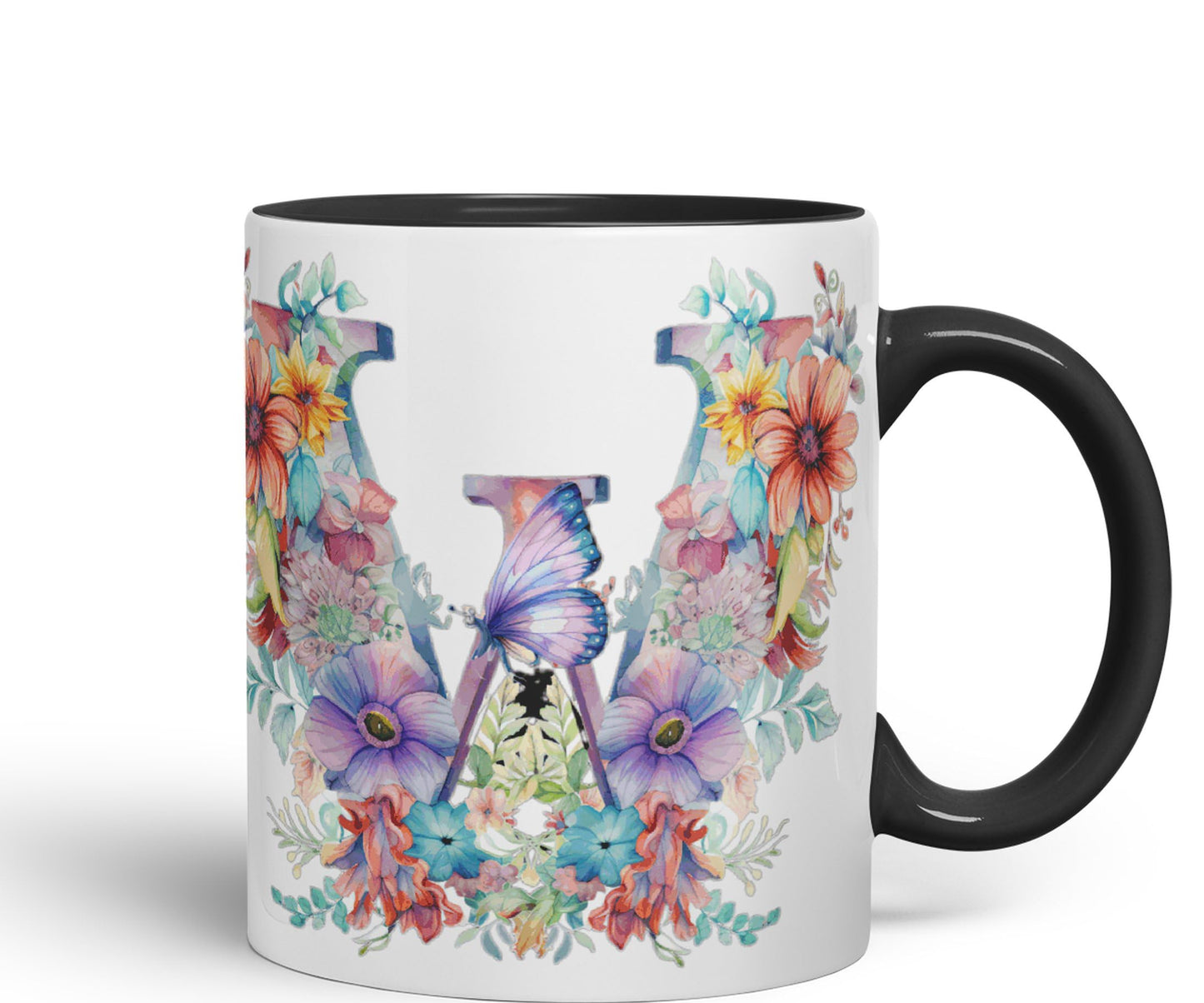 Letter W mug, Floral flowers butterfly Alphabet Letter W Monogram watercolour Ceramic Coloured Mug Cup for Tea Coffee Hot brew 330ml 11Oz