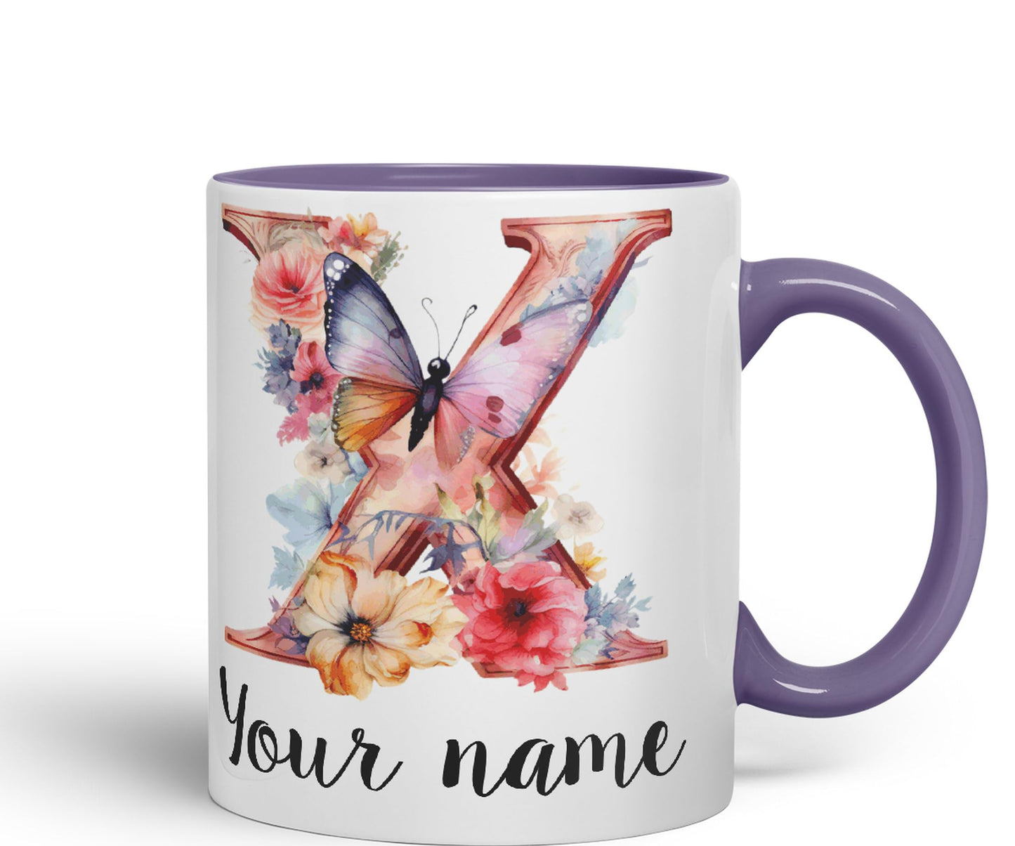 Personalised Letter X mug, Customized Custom Floral flowers butterfly Alphabet Letter X Monogram watercolour Ceramic Coloured Mug Cup for Tea Coffee Hot brew 330ml 11Oz Gift