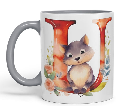 Letter U mug, Animals Alphabet Letter U Monogram animal for kids Ceramic Coloured Mug Cup for Tea Coffee Hot brew 330ml 11Oz Gift