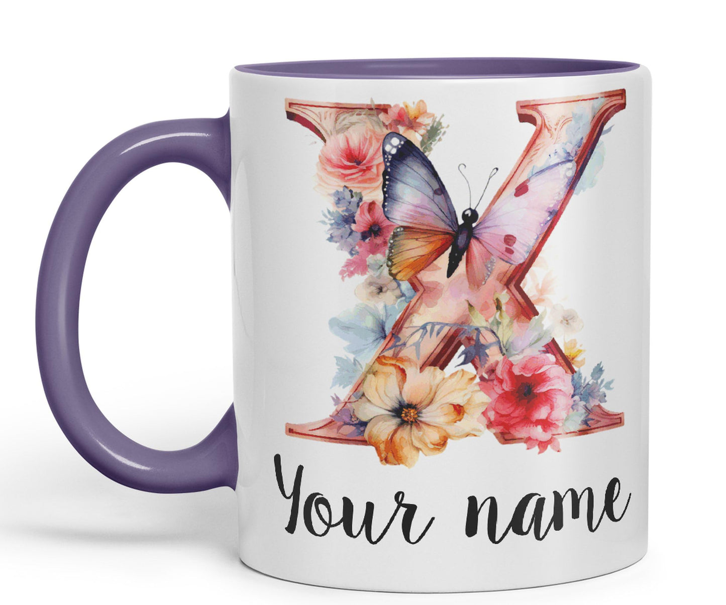 Personalised Letter X mug, Customized Custom Floral flowers butterfly Alphabet Letter X Monogram watercolour Ceramic Coloured Mug Cup for Tea Coffee Hot brew 330ml 11Oz Gift