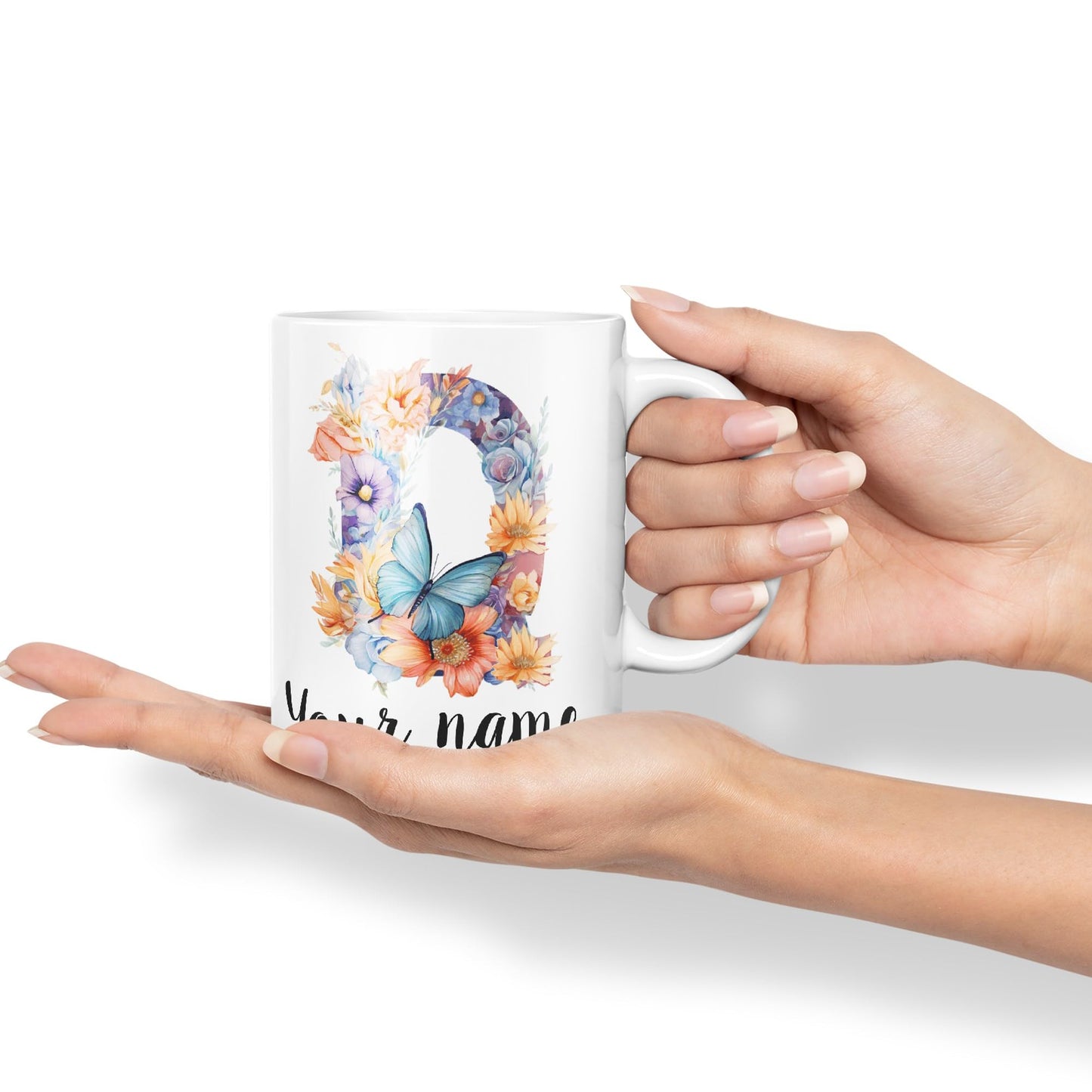 Personalised Letter Q mug, Customized Custom Floral flowers butterfly Alphabet Letter Q Monogram watercolour Ceramic Coloured Mug Cup for Tea Coffee Hot brew 330ml 11Oz Gift