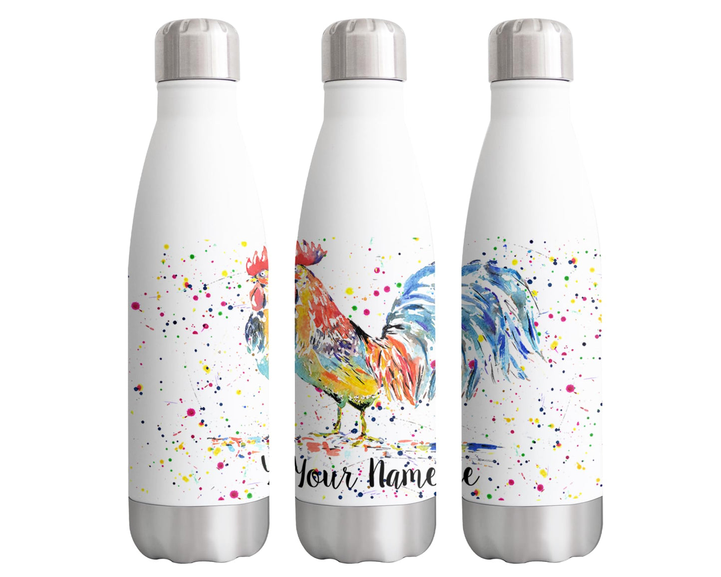 Cockerel Personalised Custom Bottle with Your Text/Name Chicken Hen Farm Animals Watercolour Animals Bottle Double Wall Insulated Stainless Steel Sport Drinks 500ml