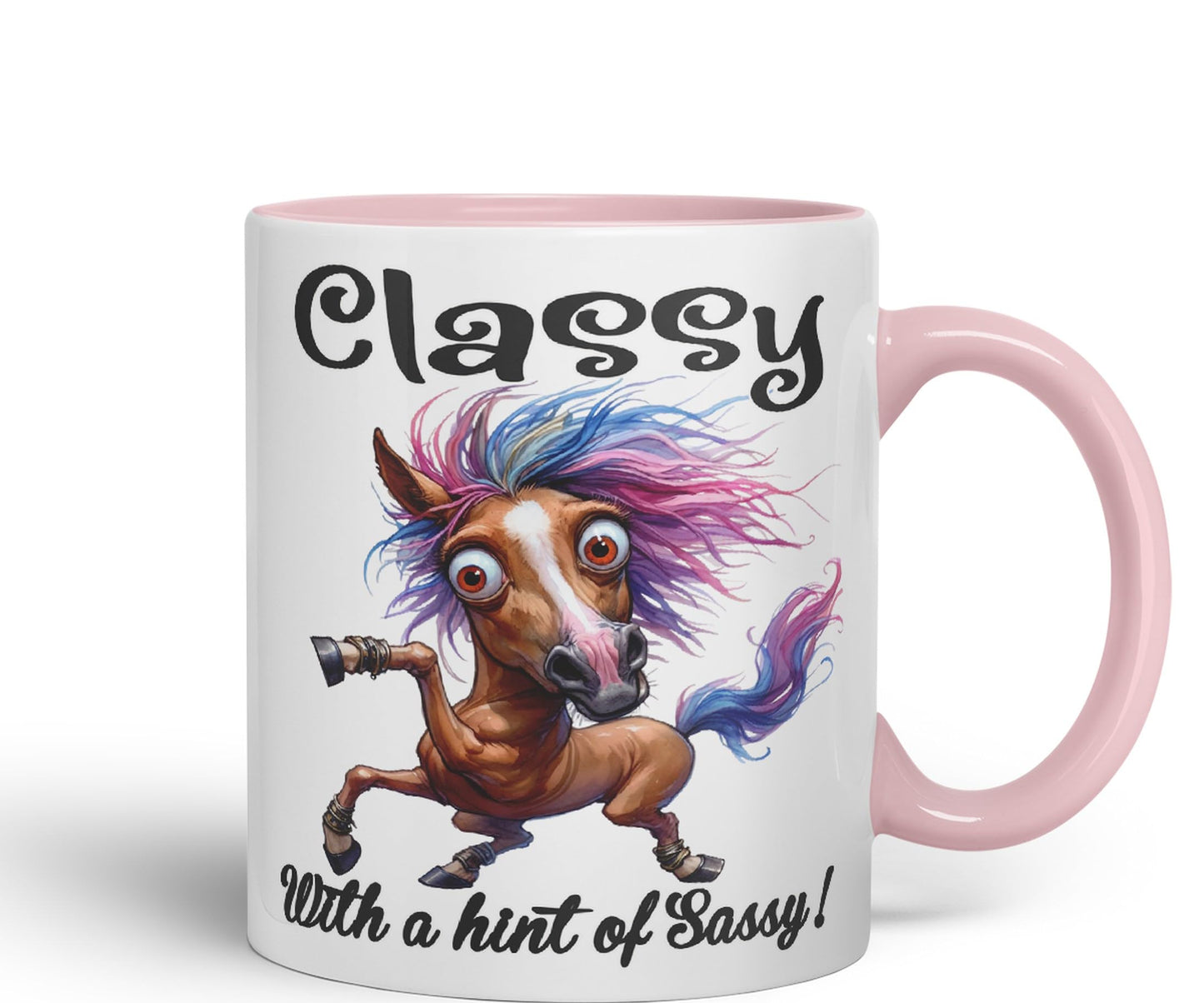 Classy with a hint of Sassy! Horse cat Joke sarkasm Sarcastic Ceramic Coloured Mug Cup for Tea Coffee Hot Brew 330ml 11Oz Gift