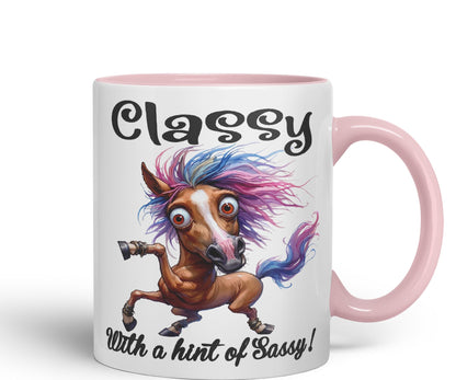 Classy with a hint of Sassy! Horse cat Joke sarkasm Sarcastic Ceramic Coloured Mug Cup for Tea Coffee Hot Brew 330ml 11Oz Gift