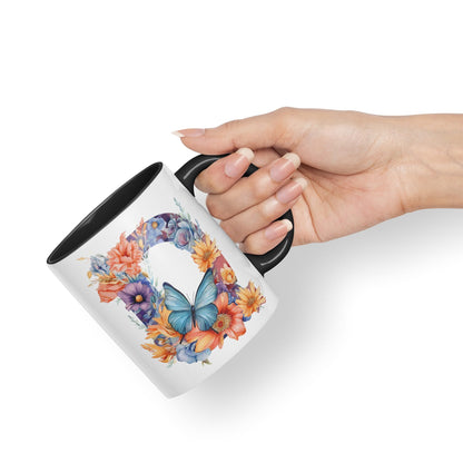 Letter Q mug, Floral flowers butterfly Alphabet Letter Q Monogram watercolour Ceramic Coloured Mug Cup for Tea Coffee Hot brew 330ml 11Oz Gift