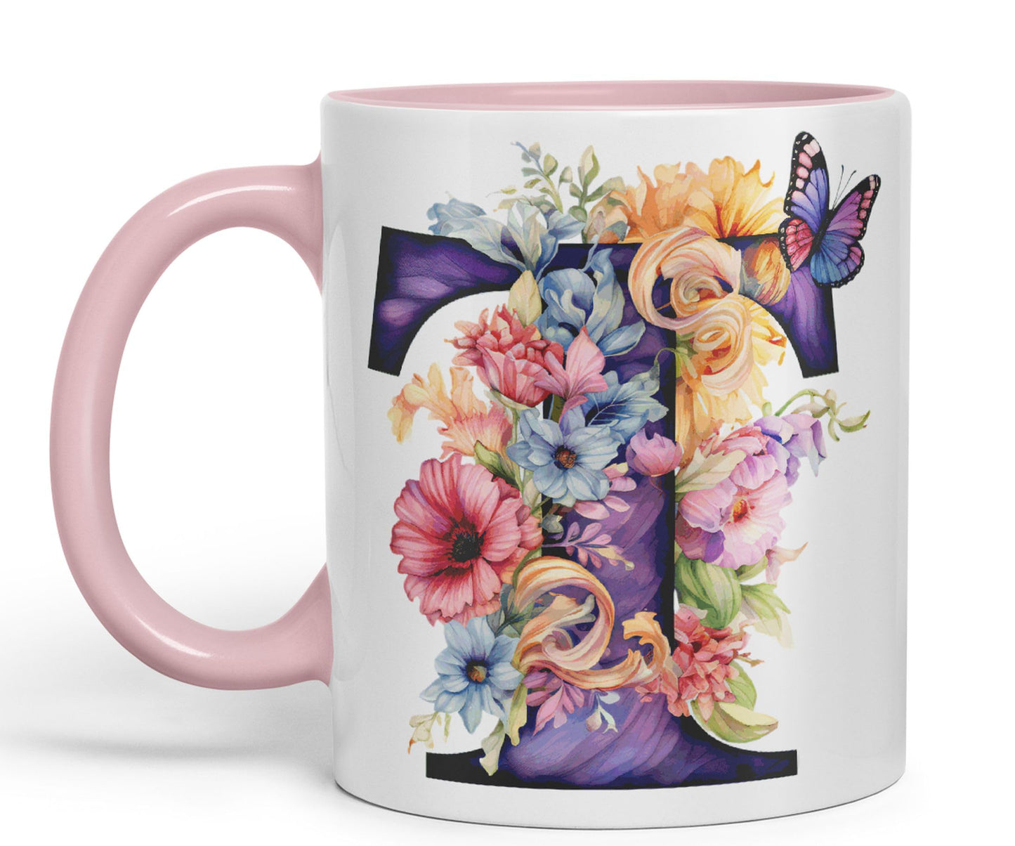 Letter T mug, Floral flowers butterfly Alphabet Letter T Monogram watercolour Ceramic Coloured Mug Cup for Tea Coffee Hot brew 330ml 11Oz Gift