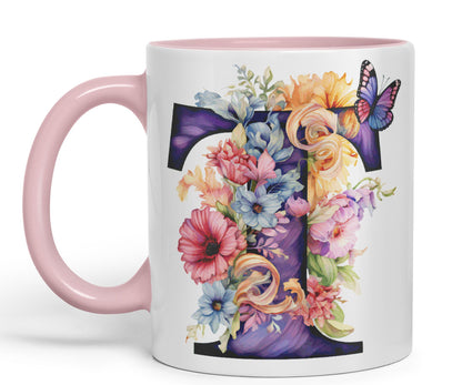 Letter T mug, Floral flowers butterfly Alphabet Letter T Monogram watercolour Ceramic Coloured Mug Cup for Tea Coffee Hot brew 330ml 11Oz Gift