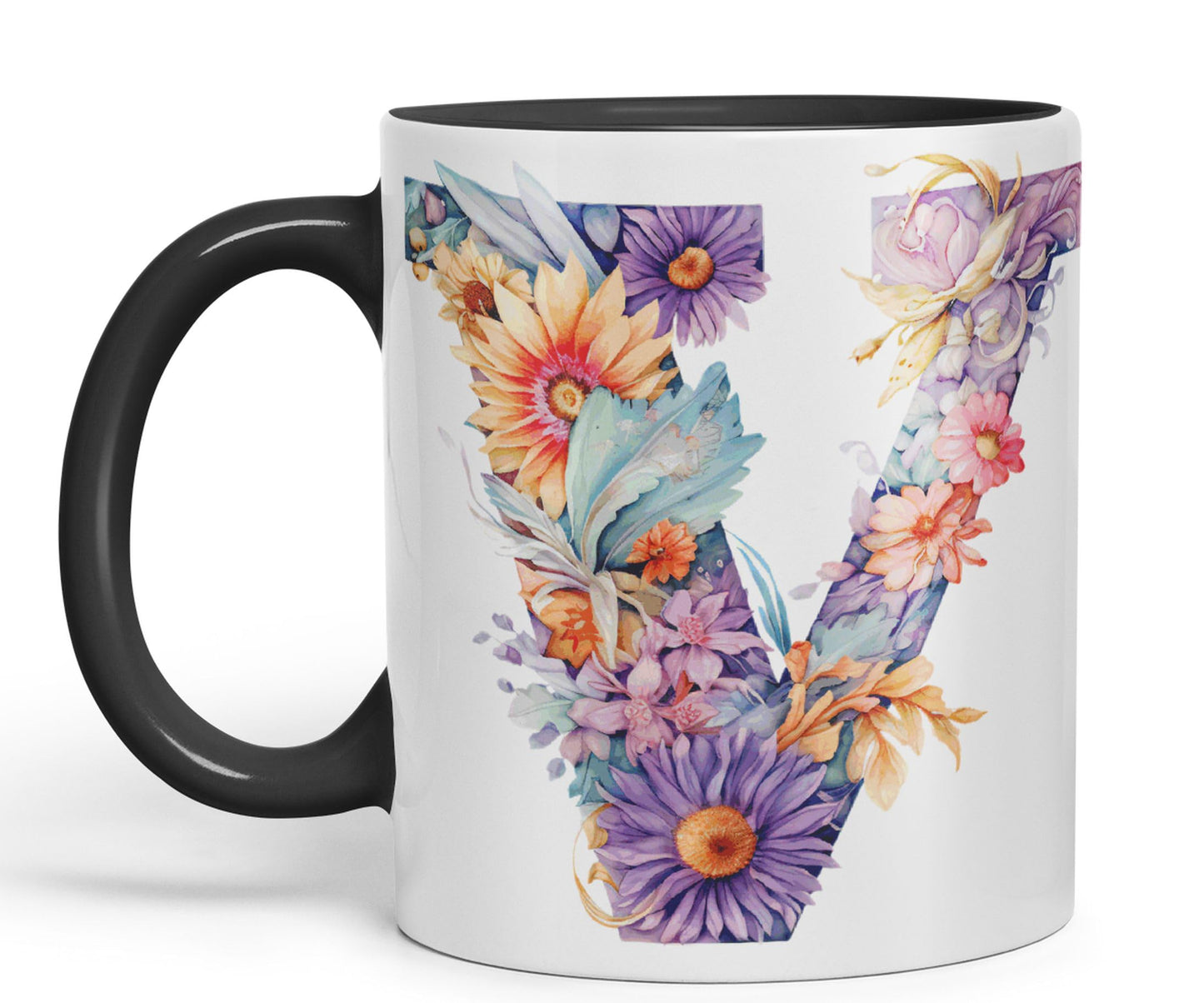 Letter V mug, Floral flowers butterfly Alphabet Letter V Monogram watercolour Ceramic Coloured Mug Cup for Tea Coffee Hot brew 330ml 11Oz Gift