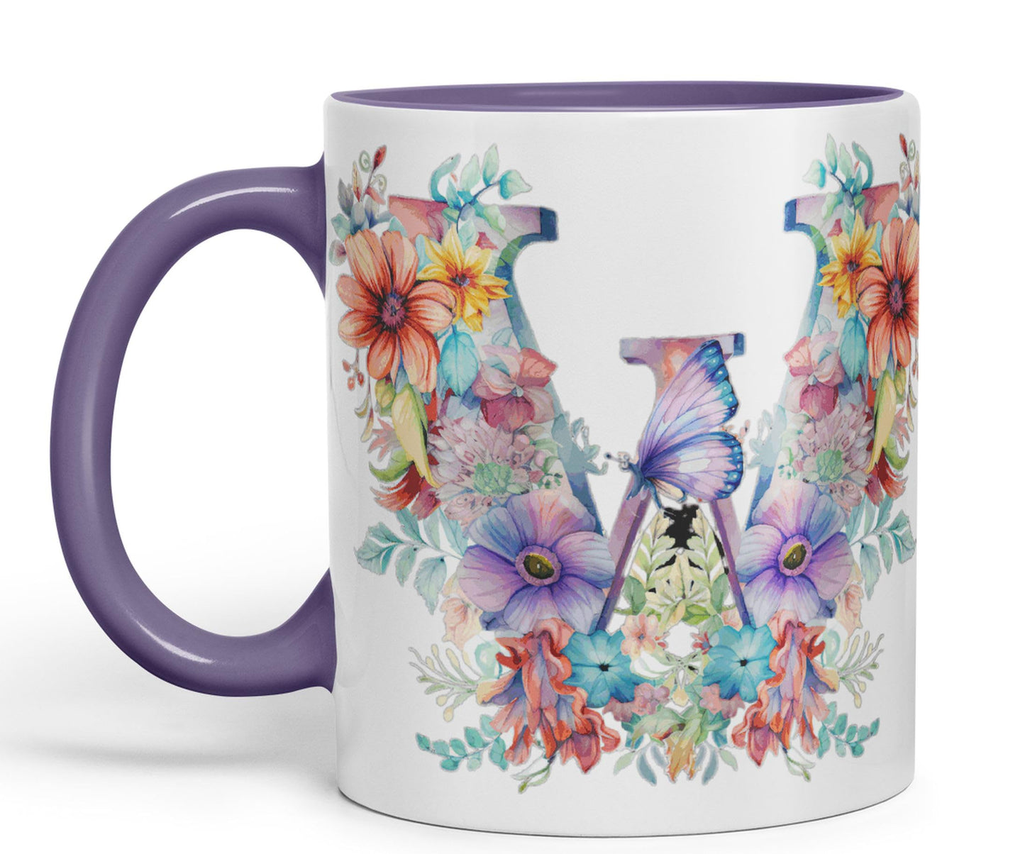 Letter W mug, Floral flowers butterfly Alphabet Letter W Monogram watercolour Ceramic Coloured Mug Cup for Tea Coffee Hot brew 330ml 11Oz