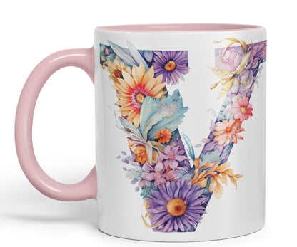 Letter V mug, Floral flowers butterfly Alphabet Letter V Monogram watercolour Ceramic Coloured Mug Cup for Tea Coffee Hot brew 330ml 11Oz Gift