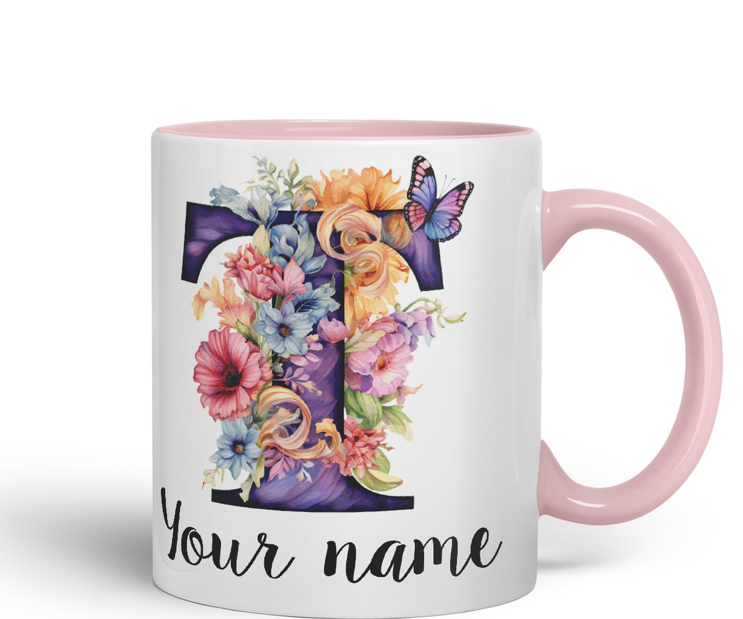 Personalised Letter T mug, Customized Custom Floral flowers butterfly Alphabet Letter T Monogram watercolour Ceramic Coloured Mug Cup for Tea Coffee Hot brew 330ml 11Oz Gift