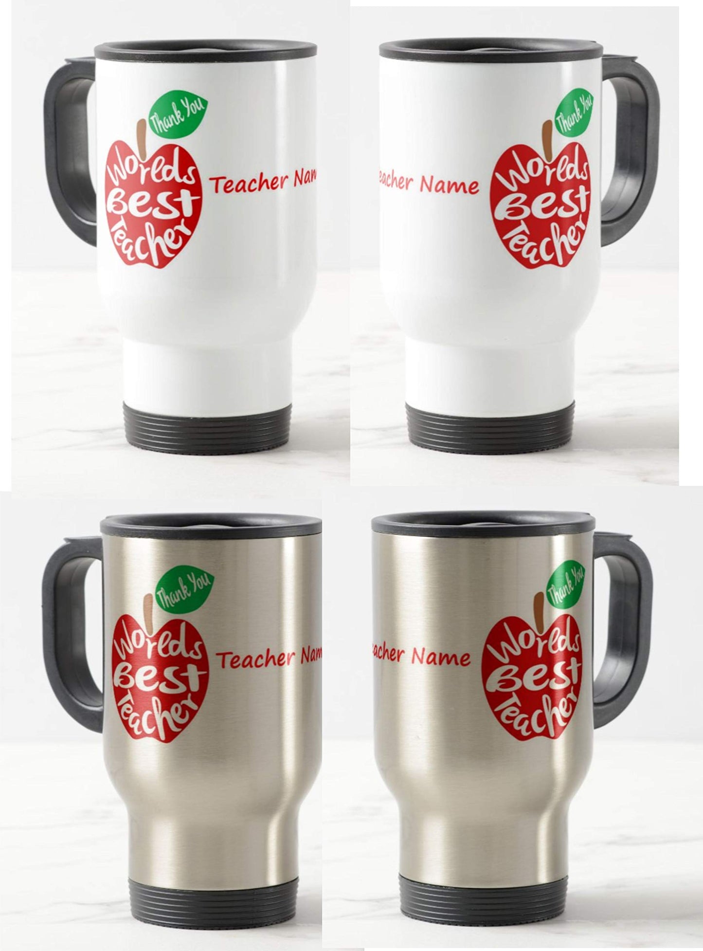 Vixar Teacher Travel Mug - Thank You, Apple, Personalised Mug Customised with Name, Teacher Gift from Kids, School Gift