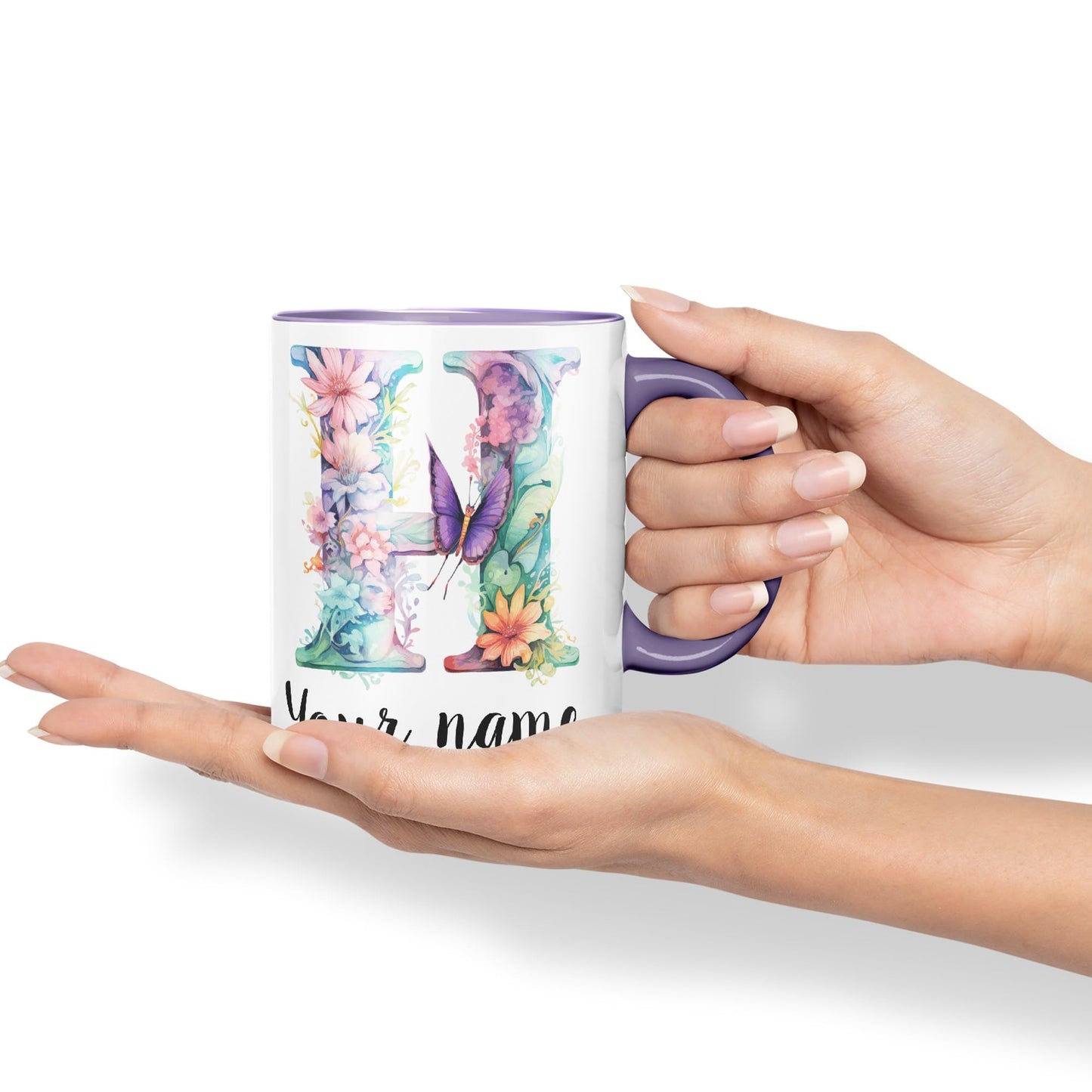 Personalised Letter H mug, Customized Custom Floral flowers butterfly Alphabet Letter H Monogram watercolour Ceramic Coloured Mug Cup for Tea Coffee Hot brew 330ml 11Oz Gift