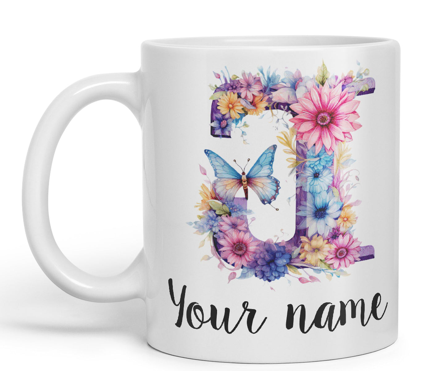 Personalised Letter J mug, Customized Custom Floral flowers butterfly Alphabet Letter J Monogram watercolour Ceramic Coloured Mug Cup for Tea Coffee Hot brew 330ml 11Oz Gift